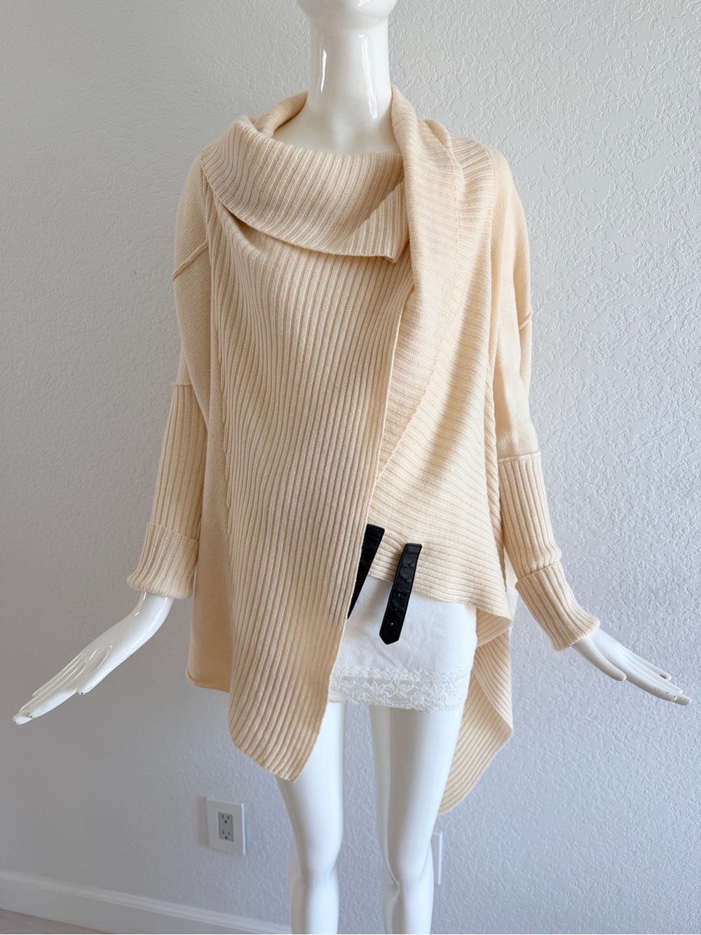 brochu walker Cream Ribbed Draped Sweater Poncho